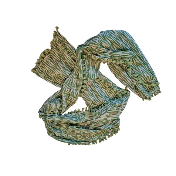 Roberta Roller Rabbit Pom Pom Trim Scarf Green and White 74 x 19 Cotton - Picture 1 of 9